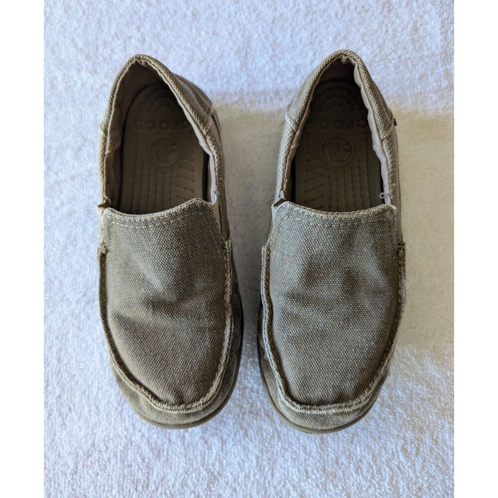 Crocs Santa Cruz Canvas Loafers Kids J2 Khaki Slip On Casual Shoes